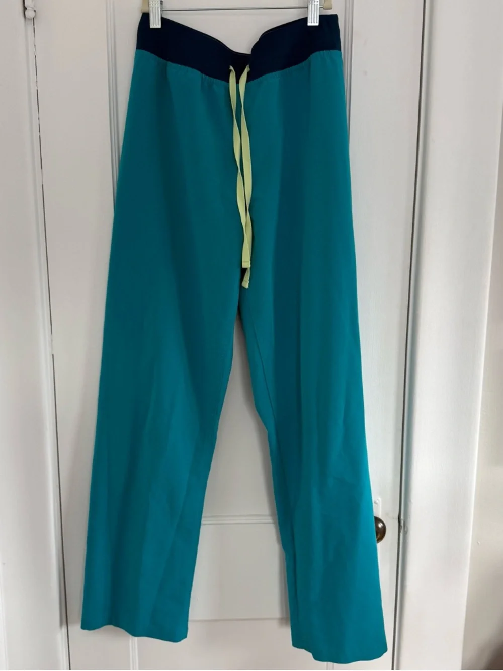 Figs Teal Men's Scrub Pants with Navy Waistband and Lime Drawstring